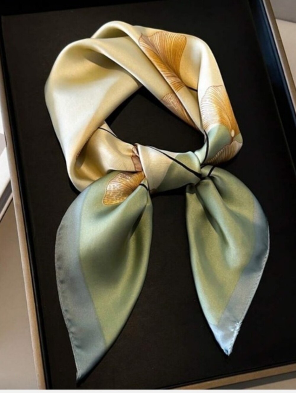 Elegant Silk Scarf in Sage Green Cream and Soft Blue with Golden Ginkgo Leaves